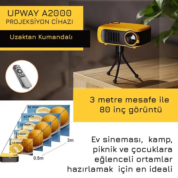 UpWay A2000 Hoparlörlü 1000 Lümen Mini Multimedya Ev Sineması 80 inç  Projeksiyon Cihazı - 8