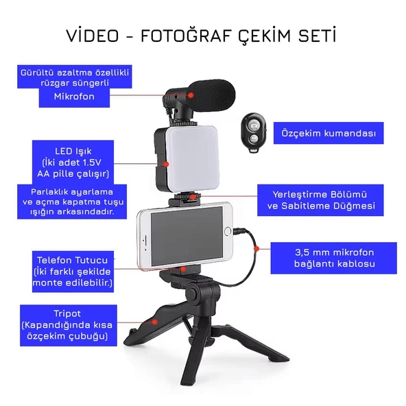 Upway LED Işıklı Mikrofonlu Tripotlu Kumandalı Video Kayıt Fotoğraf Öz Çekim Seti - 3