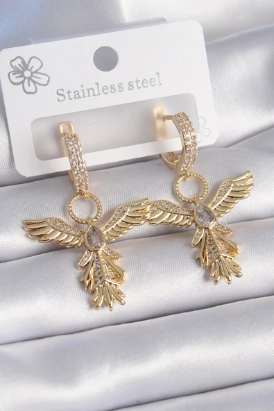 MuI MuI Pirinç Gold Renk Zirkon Taş Detay Anka Kuşu Model Kadın Küpe ürün görseli 1