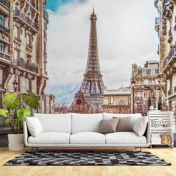 Paris Sokak ve Eyfel Kulesi Manzaralı Duvar Kağıdı Baskı ürün görseli