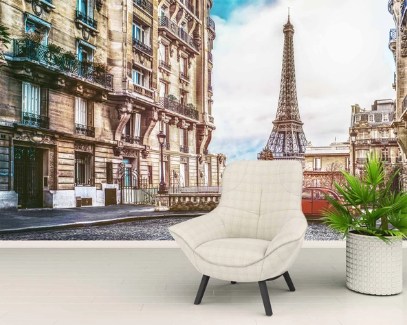 Paris Sokak ve Eyfel Kulesi Manzaralı Duvar Kağıdı Baskı - Resim 6