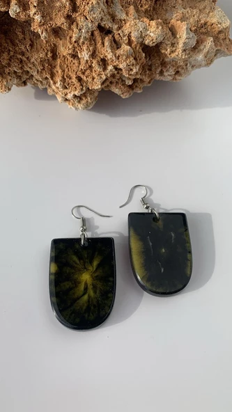 Siyah Sarı Ebruli Renk Oval Çerçeve Şekil Gümüş Aksesuarlı Epoksi Küpe El Yapımı Hediyelik - Resim 5