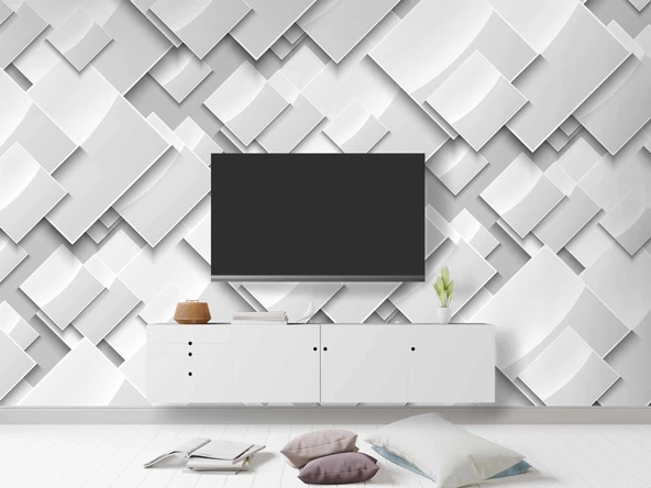 3 Boyutlu Beyaz Geometrik Kabartma Görünümlü Desenli Duvar Kağıdı - 3