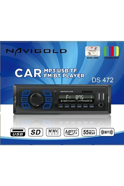 Navigold DS-472 Çift USB Girişli Bluetooth Oto Teyp Sd Aux Teyp Amfi Çıkışlı Kumandalı RGB Işıklı