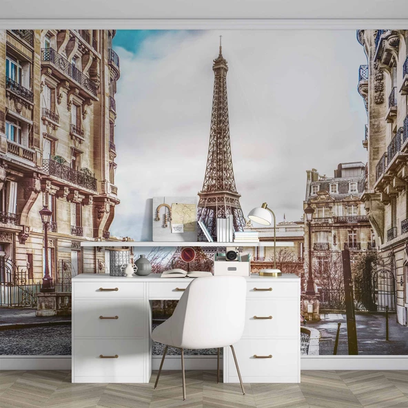 Paris Sokak ve Eyfel Kulesi Manzaralı Duvar Kağıdı Baskı - Resim 4