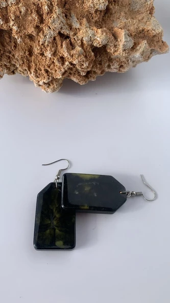 Siyah Sarı Ebruli Renk Kare Çerçeve Şekil Gümüş Aksesuarlı Epoksi Küpe El Yapımı Hediyelik - Resim 3