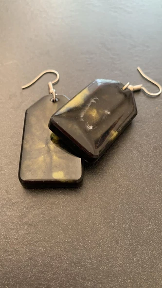 Siyah Sarı Ebruli Renk Kare Çerçeve Şekil Gümüş Aksesuarlı Epoksi Küpe El Yapımı Hediyelik - Resim 8