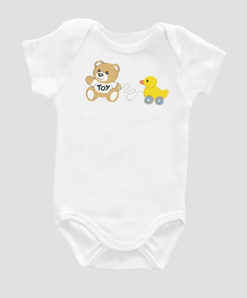 Organik %100 Pamuk Toy Ayıcık Baskılı Çıtçıtlı Bebek Body Badi Zıbın 053