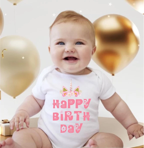 Organik %100 Pamuk Happy Birthday Unicorn Bebek  Zıbın Body ZBN109