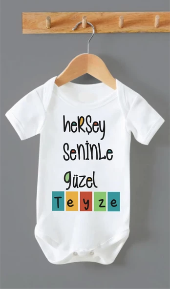 Organik %100 Pamuk Herşey Seninle Güzel Teyze Baskılı Bebek Body Badi Çıtçıtlı Zıbın ZBN201