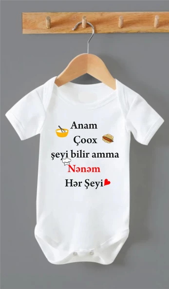 Organik %100 Pamuk Anam Çox Şeyi Bilir Amma Nənəm Hər Şeyi Azeri Bebek Body Zıbın ZBN0149
