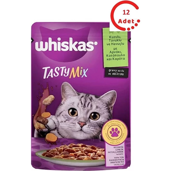 Whiskas Pouch Tastymix Sos Içinde Kuzulu Tavuklu ve Havuçlu Yetişkin Kedi Konservesi 85 gr 12 Adet