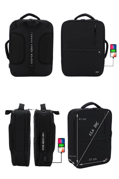 Siyah USB Aparatlı Fonksiyonel 15,6 inç Laptop Sırt Çantası - 7