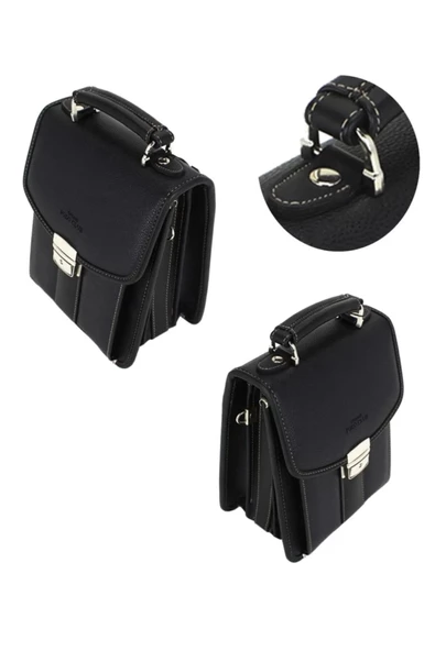 Siyah Vintage Tarz Erkek Suni Deri Omuz ve El Çantası - 5