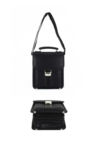 Siyah Vintage Tarz Erkek Suni Deri Omuz ve El Çantası - 4