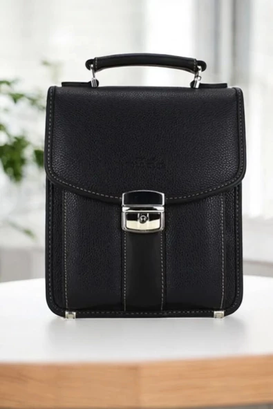 Siyah Vintage Tarz Erkek Suni Deri Omuz ve El Çantası