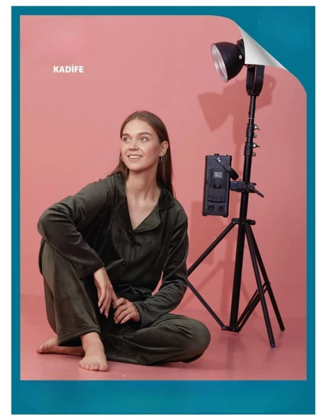 Sude Kadın Kışlık Gömlek Yaka Kadife Pijama Takımı P301/279- 1 Adet  2XL Haki