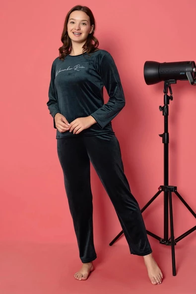 Charme Kadın Kışlık Bisiklet Yaka Kadife Pijama Takımı A301/505- 1 Adet  2XL Koyu Yeşil - 2
