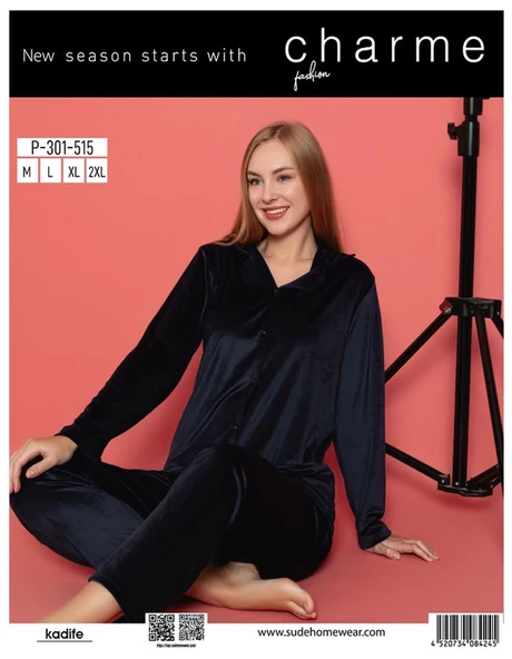 Charme Kadın Kışlık Gömlek Yaka Kadife Pijama Takımı P301/515- 1 Adet  XL Koyu Lacivert - 4