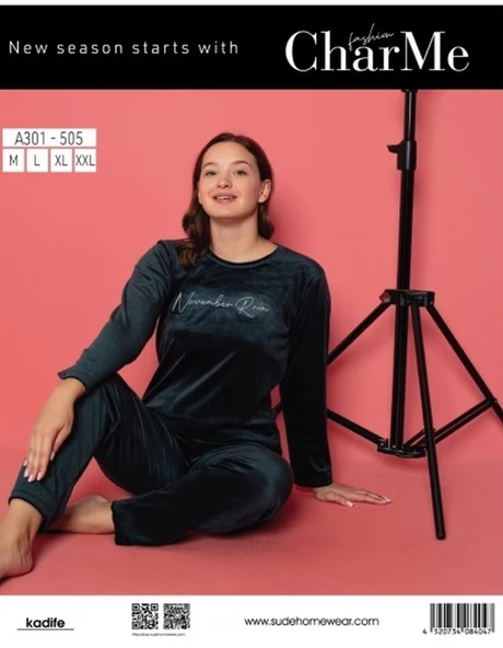 Charme Kadın Kışlık Bisiklet Yaka Kadife Pijama Takımı A301/505- 1 Adet  2XL Koyu Yeşil - 4