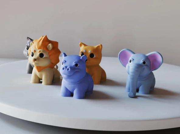 Renkli Mini Hayvan Figürleri Seti - Aslan, Kedi, Köpek, Fil, Su Aygırı (Küçük Boy) - Resim 3