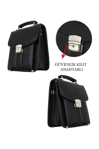 Siyah Vintage Tarz Erkek Suni Deri Omuz ve El Çantası - 6