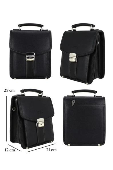 Siyah Vintage Tarz Erkek Suni Deri Omuz ve El Çantası - 7