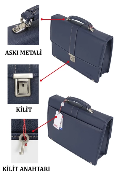 Lacivert Vintage Klasik Tarz A4 Kağıt Uyumlu Evrak Çantası - 7