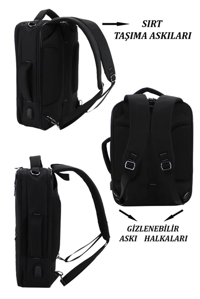 Siyah USB Aparatlı Fonksiyonel 15,6 inç Laptop Sırt Çantası - 8