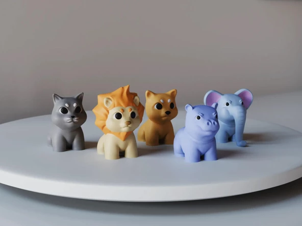 Renkli Mini Hayvan Figürleri Seti - Aslan, Kedi, Köpek, Fil, Su Aygırı (Küçük Boy) - Resim 2