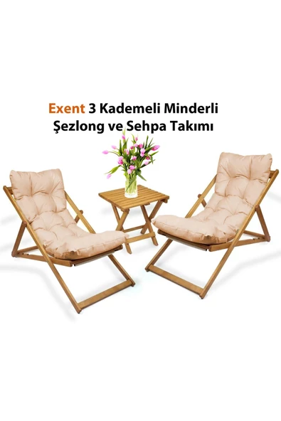 Exent 3 Kademeli Minderli Şezlong ve Sehpa seti