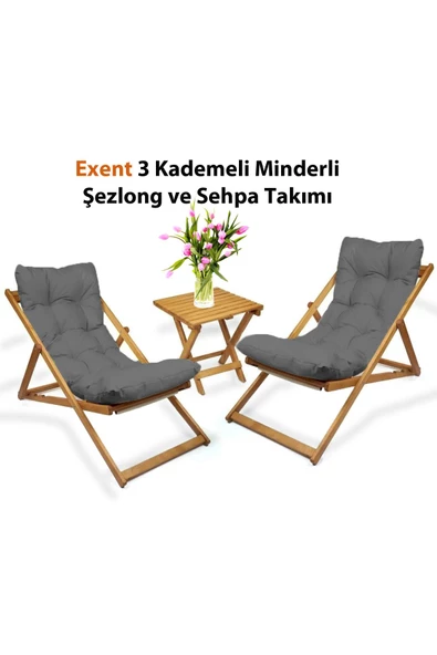 Exent 3 Kademeli Minderli Şezlong ve Sehpa seti-GRİ