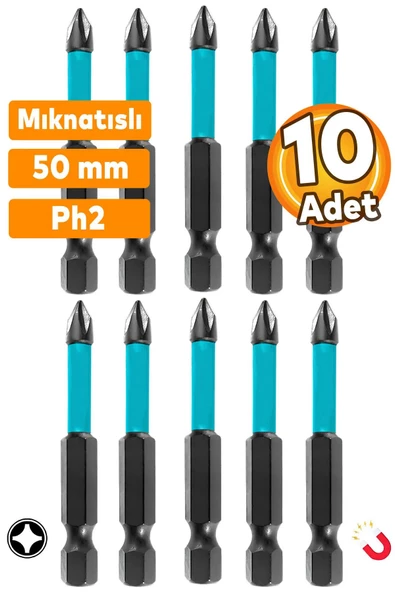 10 Adet Mıknatıslı Yıldız Bits Uç Ph2 50 mm S2 Çeliği Vidalama Sökme Ucu 5 Cm Matkap Bits Ucu NMS