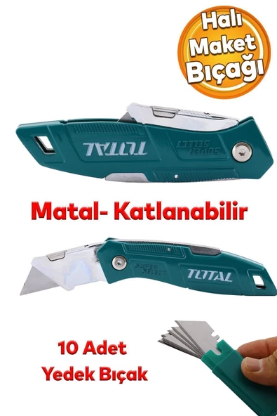 Halı Kesme Maket Bıçağı Falçata Çok Amaçlı Katlanabilir 10 Adet Yedek Bıçaklar Alçıpan Kesim