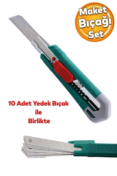 Maket Bıçağı Ergonomik Kaliteli Dayanıklı Çok Amaçlı Sağlam Bıçak 10 Yedek Bıçağı