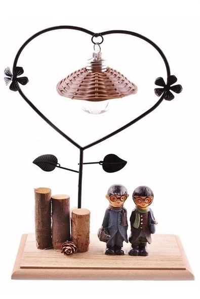 Pilli Işıklı Romantik Çift Tema Büyük Boy Dekoratif Ahşap Biblo - 8