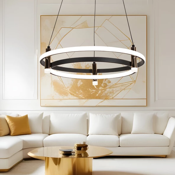 Apliqa Blom Yuvarlak 112 Watt Siyah  Modern Oturma Odası Salon Sarkıt Led Avize ürün görseli