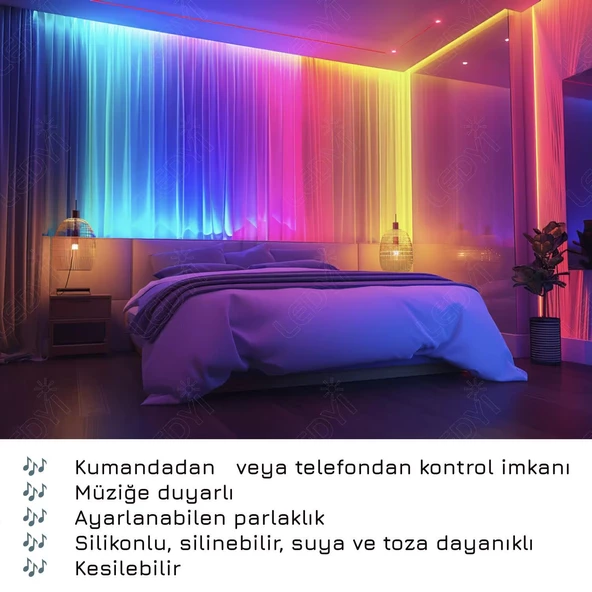 UpWay 3 Metre Bluetoothlu Müziğe Duyarlı Su Geçirmez Kesilebilir Silikonlu Kumandalı USB RGB Şerit Led - 6