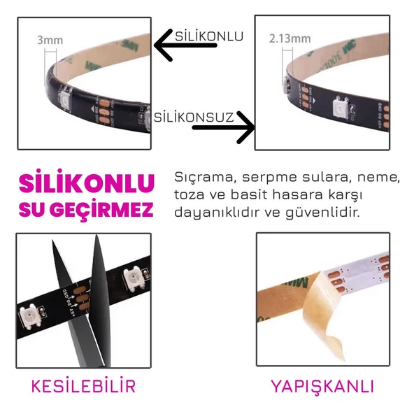 UpWay 3 Metre Bluetoothlu Müziğe Duyarlı Su Geçirmez Kesilebilir Silikonlu Kumandalı USB RGB Şerit Led - 3