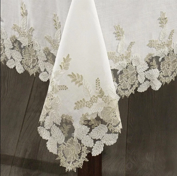 Nazik Home Floransa Dantelli Leke Tutmaz Masa Örtüsü Krem 160X260 - 3