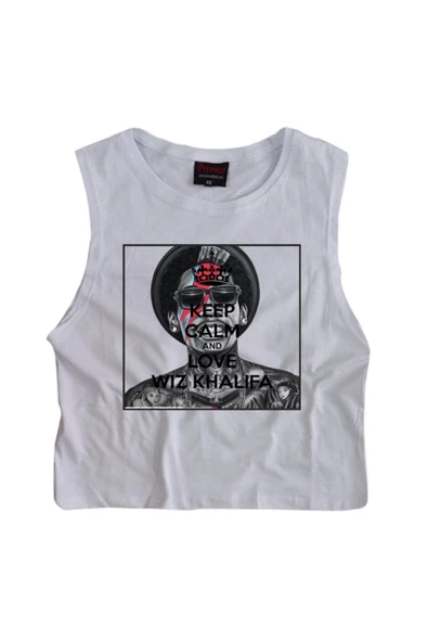 fame-stoned Unisex Beyaz Wız Khalıfa Baskılı Göbek Üstü Yarım T-shirt