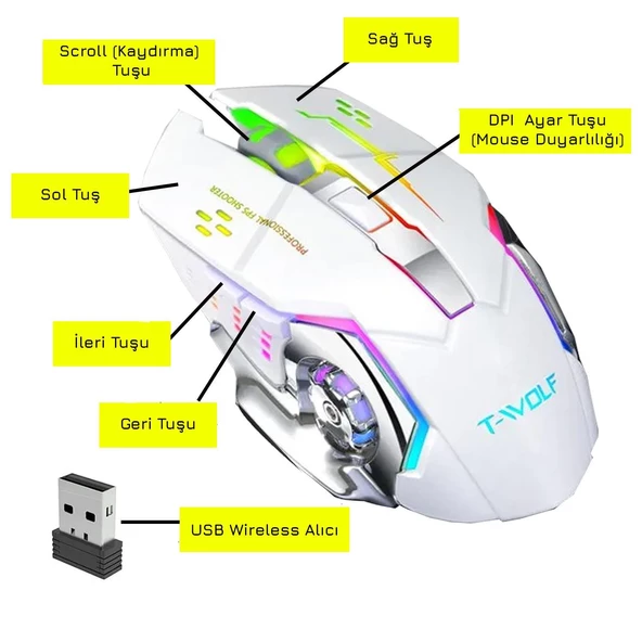UpWay TW-Q13 Kablosuz Sessiz RGB LED Işıklı Şarjlı Ergonomik 2400DPI Gaming Mouse Beyaz - 3