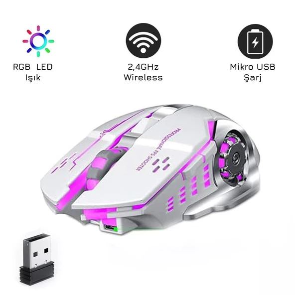 UpWay TW-Q13 Kablosuz Sessiz RGB LED Işıklı Şarjlı Ergonomik 2400DPI Gaming Mouse Beyaz - 2