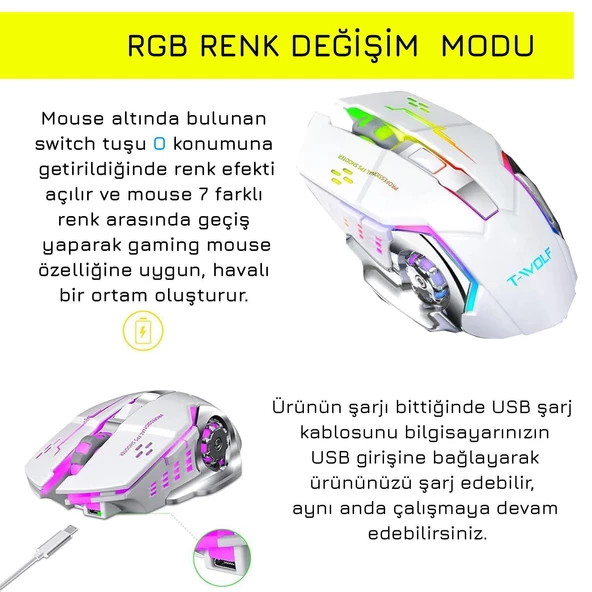 UpWay TW-Q13 Kablosuz Sessiz RGB LED Işıklı Şarjlı Ergonomik 2400DPI Gaming Mouse Beyaz - 6