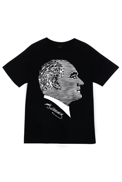 fame-stoned Unisex Siyah Gazi Mustafa Kemal Atatürk Baskılı T-Shirt