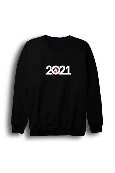 fame-stoned Unisex Siyah 2021 Yeni Yıl Baskılı Bisiklet Yaka Sweatshirt