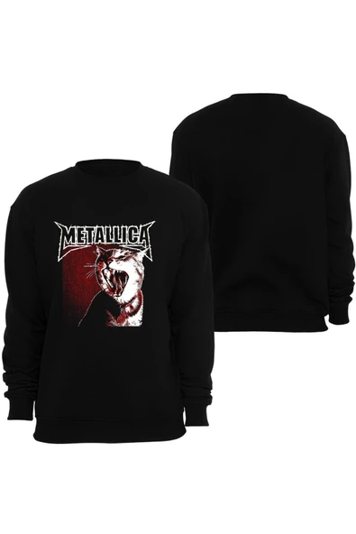 fame-stoned Metallica Metalci Kedi Baskılı Bisiklet Yaka Sweatshirt