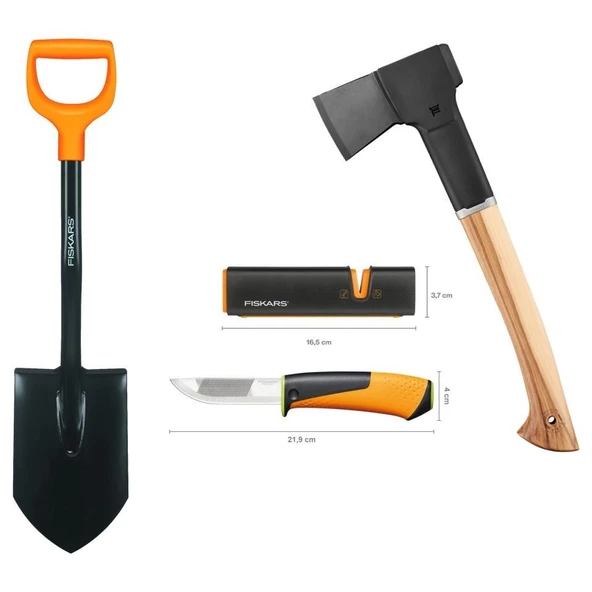 Fiskars Solid Kürek + Norden N10 Balta + Ağır İş Bıçağı + Balta ve Bıçak Bileyici