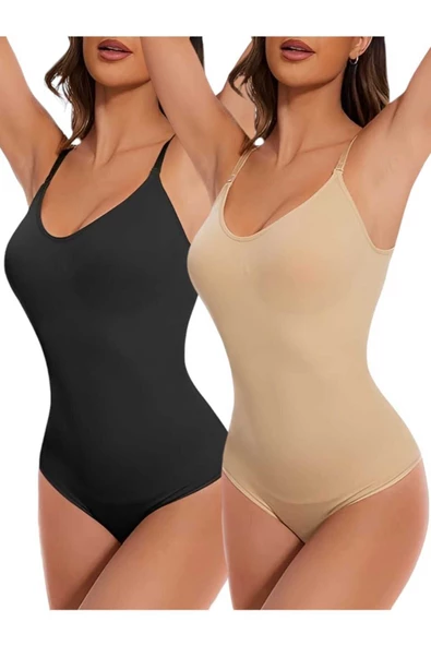 Kadın Dikişsiz Toparlayıcı ve İnceltici Çıtçıtlı İp Askılı Slip Body  Korse 2'li Set