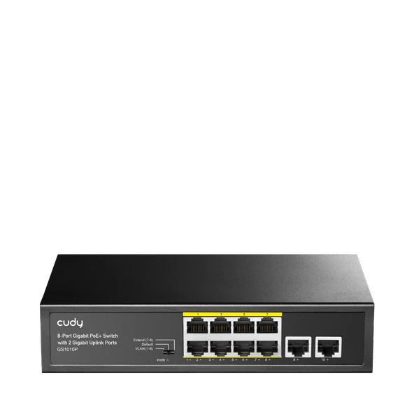 Cudy Switch 8 Port Gs1010P 10/100/1000Mbps 2Xge Uplink Vlan&Extend Mode 250M 120W Poe+ Ethernet